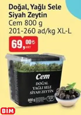 CEM DOĞAL, YAĞLI SELE SİYAH ZEYTİN 201-260 AD/KG XL-L CEM DOĞAL, YAĞLI SELE SİYAH ZEYTİN 201-260 AD/KG XL-L